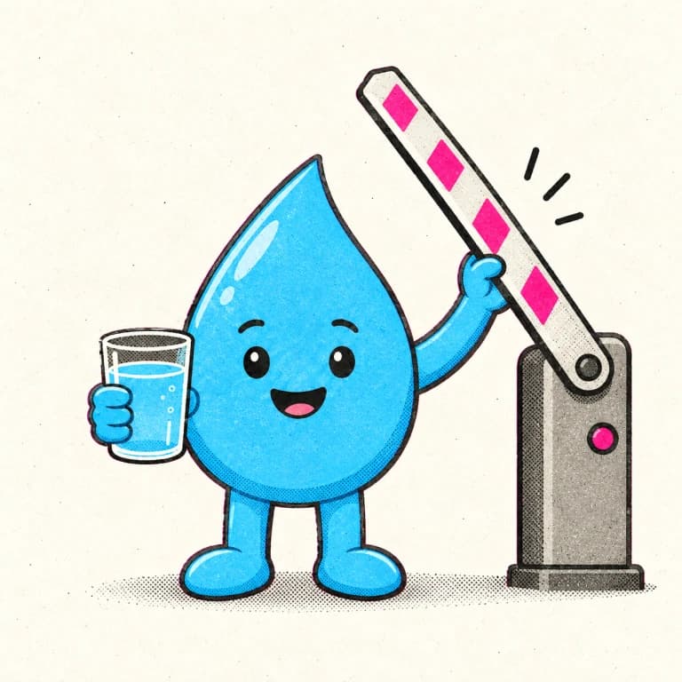 Water Gate droplet mascot lifting a barrier
